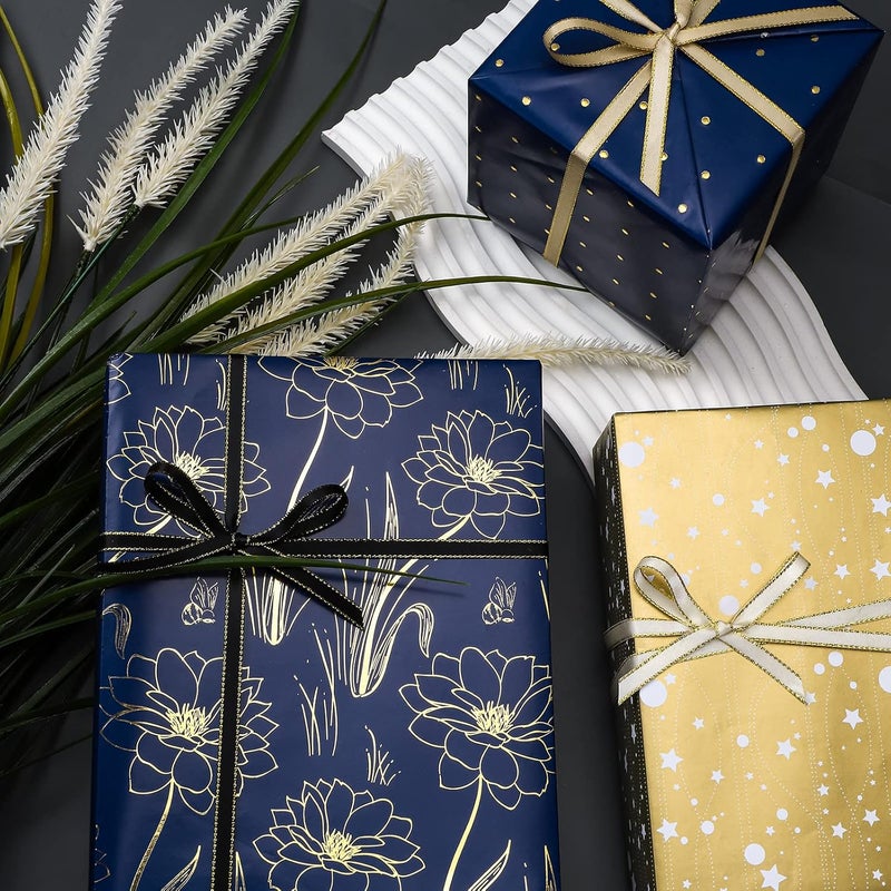 LeZakaa Floral Wrapping Paper Roll, Luxury Metallic Gift Wrap with Floral, Stars & Polka Dot Design for Mothers Day, Wedding, Bridal Shower, Birthday, Anniversary, 17 x 120 inches, 3 Rolls, Mini Roll - Image 2